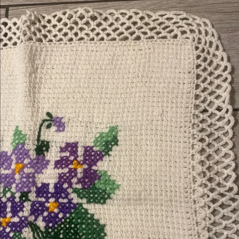 Handmade Cross-Stitch Doily with Purple Flowers Cottagecore Prairie